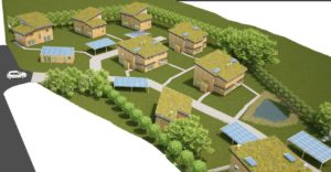 Illustration of a group of housing in a newly developed housing estate surrounded by green trees and solar panelled roofs