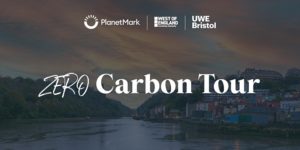 Image showing Zero Carbon Tour text with other logos of PlanetMark, West of England Combined Authority and the UWE (University of the West of England) Bristol.