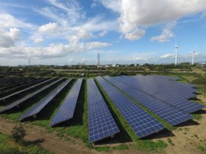 Photograph of solar panels in a field, a solar farm.