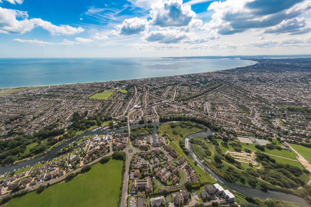 Aerial view over Bournemouth streets and town centre
