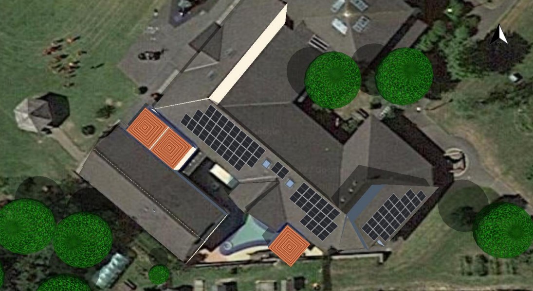 Aerial view of proposed layout of rooftop solar panels at Stoke Climsland School in Cornwall